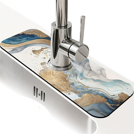 Kitchen Sink Splash Guard，Natural blue and gold marble Faucet Mat Sink Gadgets-Super Absorbent Fast Drying Mat Drip Catcher for Kitchen, Bathroom,Sink Mat, Dish Drying Mat, Bathroom(15" X 5.5" )