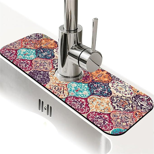Kitchen Sink Splash Guard，Moroccan tiles Faucet Mat Sink Gadgets-Super Absorbent Fast Drying Mat Drip Catcher for Kitchen, Bathroom,Sink Mat, Dish Drying Mat, Bathroom(15" X 5.5" )