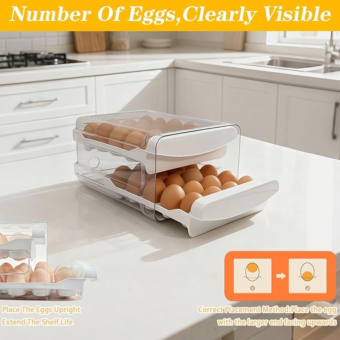 Egg Holder for Refrigerator 2 Tier Clear Stackable Egg Tray with Drawer Space Saving Eggs Storage Container with Handles for Countertop Kitchen Baking (40 Eggs)