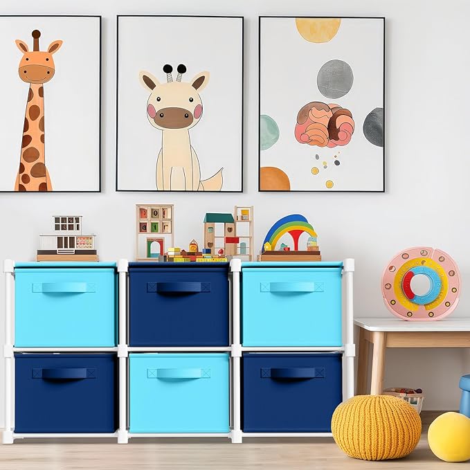 Thyle Large Cube Storage Organizer Shelf with 6 Bins 14 Inch Fabric Collapsible Cubby Storage Drawers Shelving Unit for Christmas Ornaments Clothes Toys Craft(Dark Blue,Light Blue,Colorful)