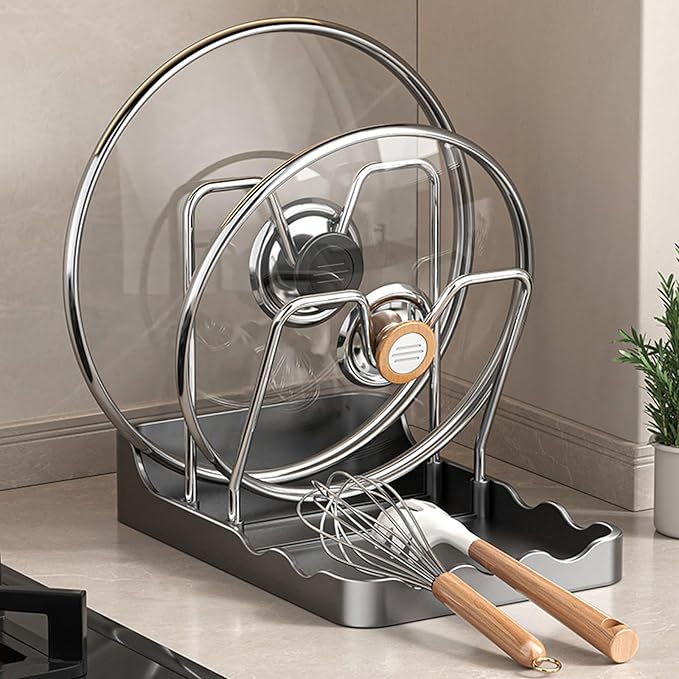 Kitchen Pot Lid Storage Rack, Pot-Lid Cutting Board Holder With Removable Drip Tray, Space-Saving Kitchen Pot Cover Organizer Stand for Countertop (Grey Double-layer)