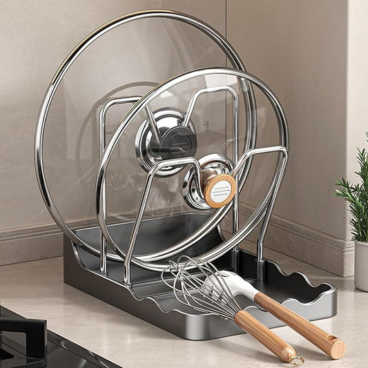 Kitchen Pot Lid Storage Rack, Pot-Lid Cutting Board Holder With Removable Drip Tray, Space-Saving Kitchen Pot Cover Organizer Stand for Countertop (Grey Double-layer)