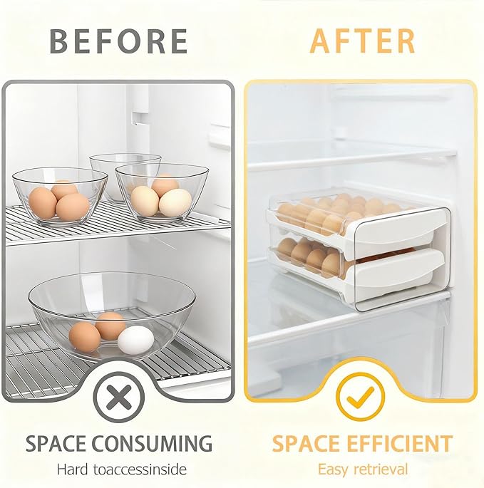 Egg Holder for Refrigerator 2 Tier Clear Stackable Egg Tray with Drawer Space Saving Eggs Storage Container with Handles for Countertop Kitchen Baking (40 Eggs)
