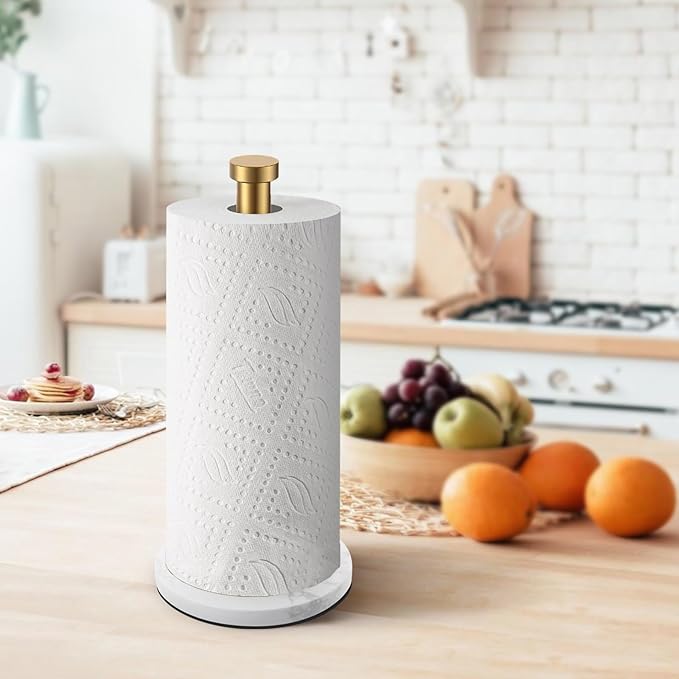 Gold Paper Towel Holder, Standing Paper Towel Holder with Weighted Marble Base for Kitchen Bathroom, Countertop Marble Paper Towel Roll Holder for Standard or Jumbo-Sized