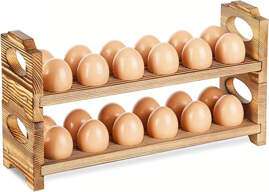 AOOHOOA Wooden Egg Holder Countertop, Stackable Wooden Egg Storage & Organizer, 2-Tier /24-Hole Farmhouse Eggs Rack Wood with Handle for Fresh Eggs to Store Chicken/Duck/Quail/Turkey/Easter Egg