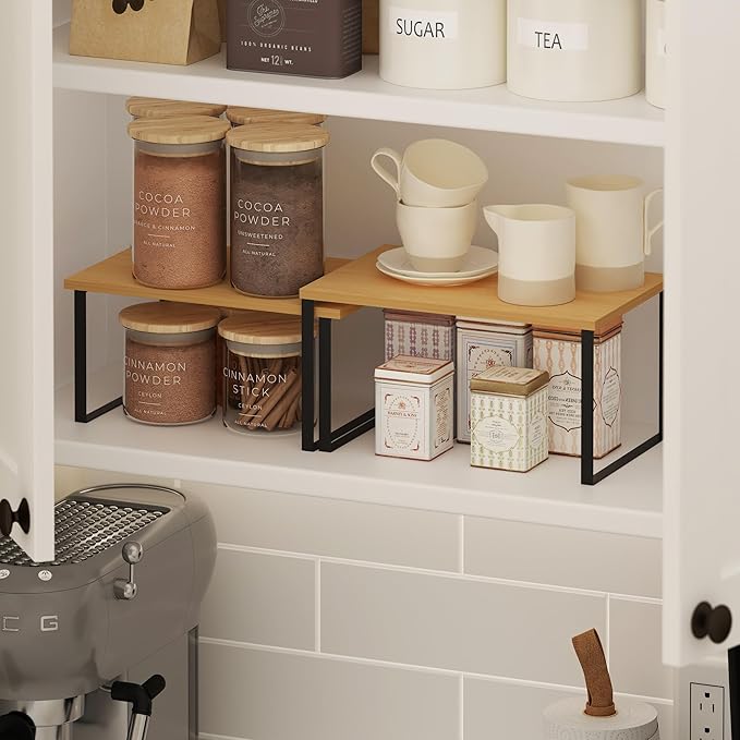 Furinno RAVEL Kitchen Countertop Organizer Set of 2, Counter Shelves, Kitchen Storage, Expandable, Stackable, Spice Rack, for Pantry, Coffee Bar, Beech