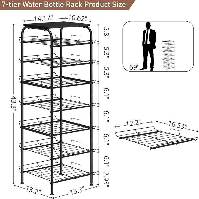 Vrisa Water Bottle Organizer 7 Tier Free Standing Water Bottle Holder Stand with Storage Shelves Beverage Drink Soda Can Rack Dispenser Metal Storage Shelf for Kitchen Pantry Party Office, Black