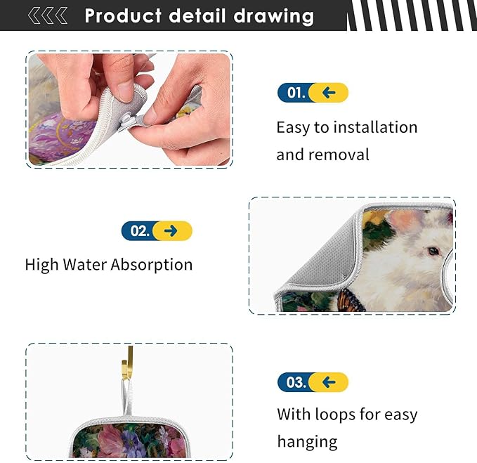2 PCS Kitchen Sink Splash Guard 23.6 Inch Faucet Mat for Kitchen Sink Bathroom Sink Faucet Absorbing Drip Drain Mat Pad Microfiber Soft Washable Easter Bunny Eggs Flowers Butterfly