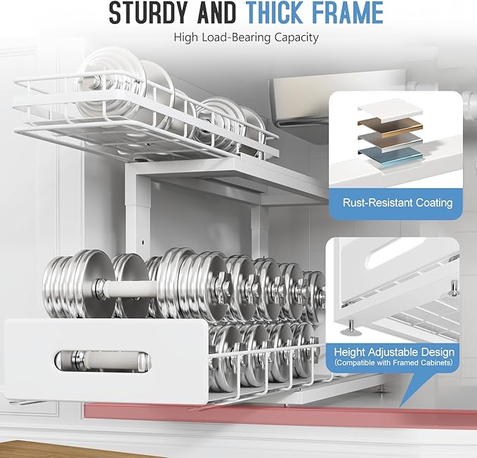 1 Pack 18 IN Depth Under Sink Organizer with Smooth Ball Bearing Slides,2-Tier Pull Out Cabinet Storage,Slide Out Drawers for Bathroom&Kitchen,Rust-resistant Coating,Height Adjustable-White