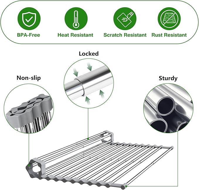 Sindax 23.7" Extra Large Dish Drying Rack, Expandable Roll Up Over The Sink Dish Drying Rack, SUS304 Stainless Steel Multipurpose Kitchen Drainer Rack Up Load to 70Lb