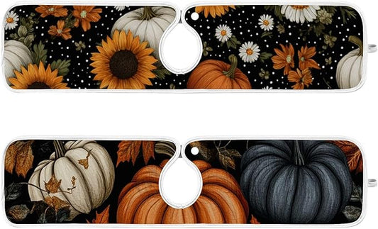 2 PCS Kitchen Sink Splash Guard 23.6 Inch Faucet Mat for Kitchen Sink Bathroom Sink Faucet Absorbing Drip Drain Mat Pad Microfiber Soft Washable Black Autumn Pumpkins Flowers Maples