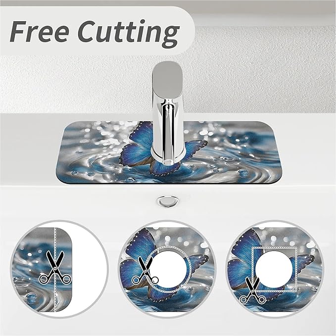 Kitchen Sink Splash Guard，A blue butterfly Faucet Mat Sink Gadgets-Super Absorbent Fast Drying Mat Drip Catcher for Kitchen, Bathroom,Sink Mat, Dish Drying Mat, Bathroom(15" X 5.5" )
