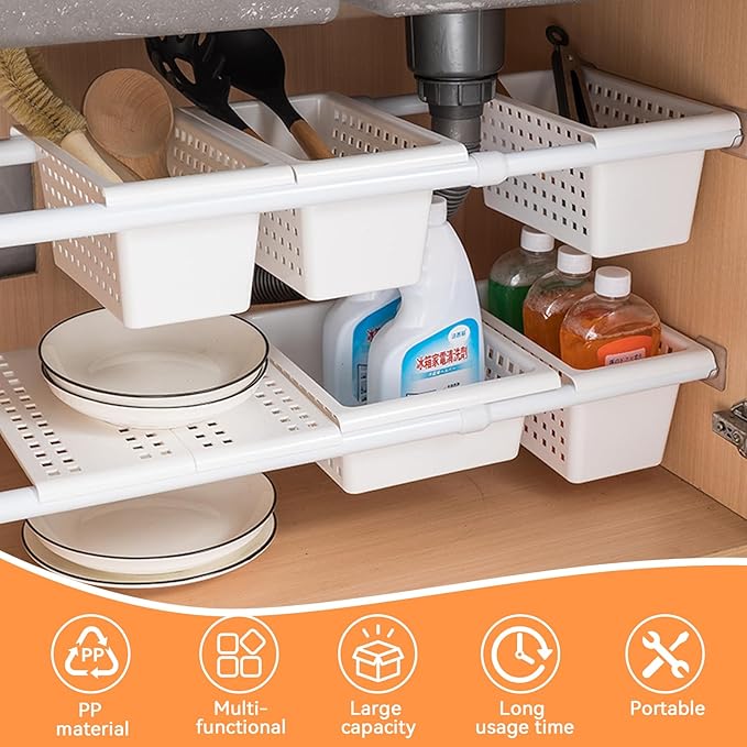 Under Shelf Basket, 2Pcs Hanging Storage Basket for Expandable Rod Under Cabinet Shelf Organizer for Closet Wardrobe Kitchen