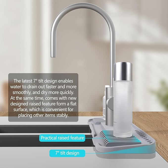 DK-SIMINA Silicone Faucet Mat Silicone Faucet Drip Catcher with Cuttable Circular Central for Kitchen Sink, Tailor-Made for Faucets with Deck Plate【Light Grey】