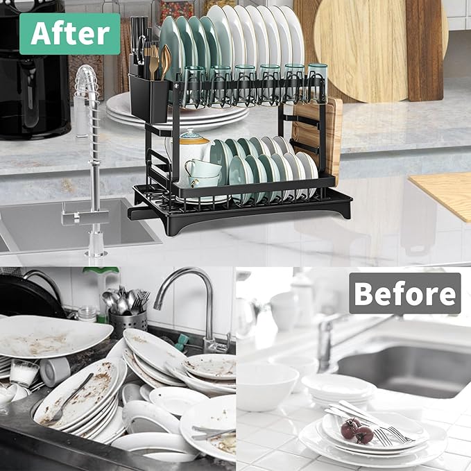 Dish Drying Rack, 2 Tier Large Dish Drying Rack for Kitchen Counter with Drainboard Stainless Steel Dish Drainer for Dish/Knifes/Cup/Cutting Board, Black