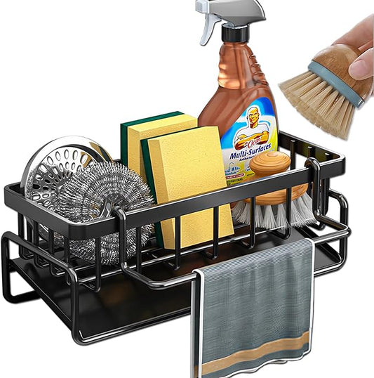 Kitchen Sink Organizer Caddy, Stainless Steel Sink Sponge Holder 30°Tilt Self-Drainage,Sponge Rack with Dish Brush Holder,Soap Dispenser for Kitchen Countertop Storage,9.1x4.1x3.5 Inch