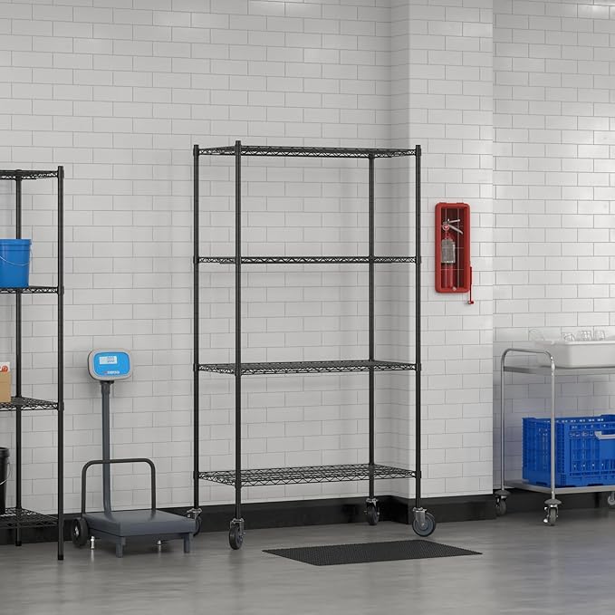 Commercial NSF Listed Black Epoxy Mobile Wire Shelving Kit 21" x 42" x 80", with 4 Shelves Perfect for Warehouse, Walk-in Refrigerator, Freezer, Grocery Store, Restaurant, Dishroom