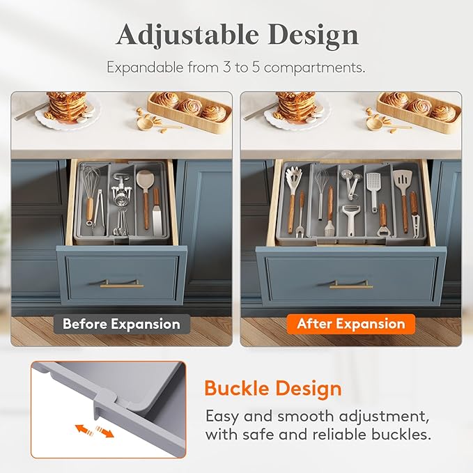 Lifewit Cooking Utensil Drawer Organizer, Expandable from 11 to 18 inches, Adjustable Cutlery Silverware Tray, Plastic Flatware Spatula Holder, Kitchen Tools Gadgets Storage Divider, Gray