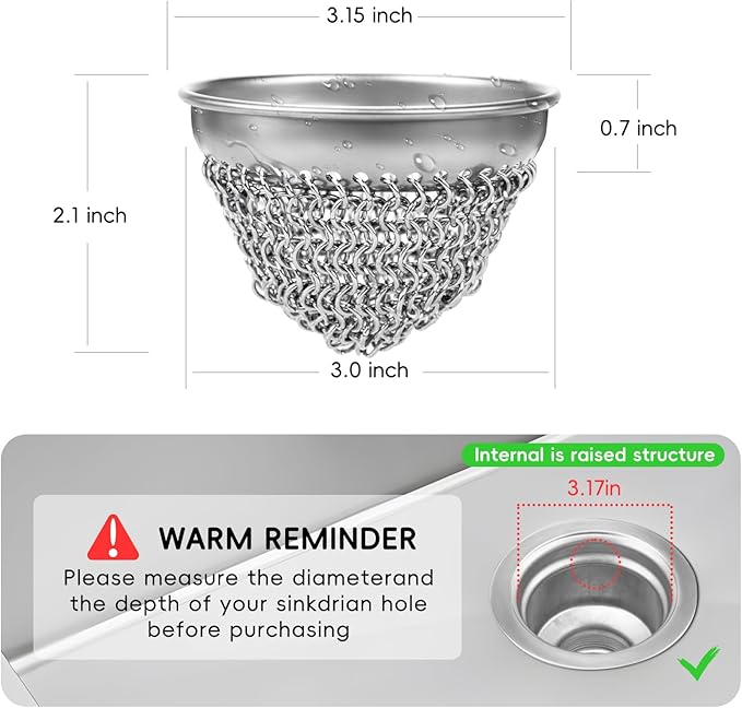 Kitchen Sink Drain Strainer, Wokdada Flexible Insert Mesh Sink Strainer, 304 Stainless Steel Sink Strainer, Clog-Free Garbage Disposal Sink Catcher Strainer, 3.19 Inch Sturdy Metal Sink Screen