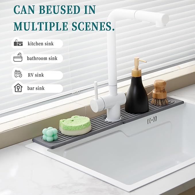 ODE TO ORDER 23.6 Inch Water-Absorbing Stone Faucet Mat for Kitchen Sink Bathroom Counter，Dark Grey Diatomite Drying Stone Mat, Sink Stone Tray Protector,Prevent Moisture Sink Splash Guard