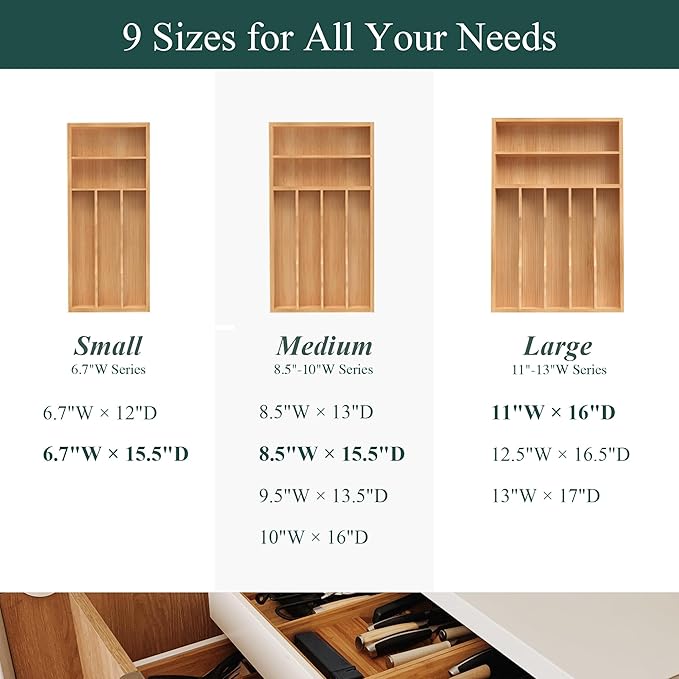 Silverware Organizer, Bamboo Kitchen Drawer Organizer, Utensil Holder, Cutlery Tray & Spoon Flatware Storage with Grooved Drawer Dividers (8.5''W x 15.5''D)