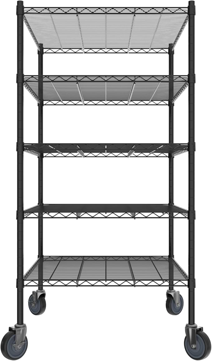 Commercial NSF Listed Black Epoxy Mobile Wire Shelving Kit 30" x 36" x 60", with 5 Shelves Perfect for Warehouse, Walk-in Refrigerator, Freezer, Grocery Store, Restaurant, Dishroom