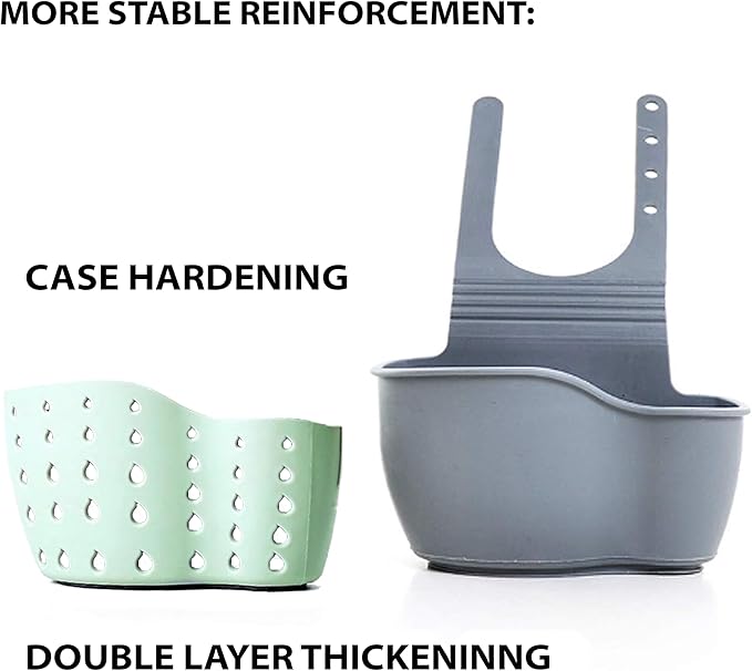 Kitchen Sink Caddy - Silicone Plastic Soap Sponge Holder - BPA-free Rack - Faucet Caddy with Drain Holes for Drying - Adjustable Hanging Strap (Light Green)