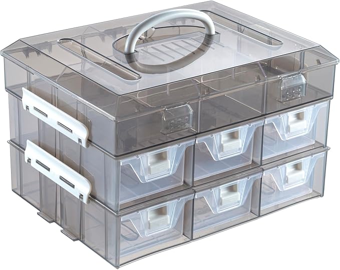 MyGift 11 Inch Smoke Gray Transparent Arts and Crafts Sewing Supplies Storage Organizer Case with White Accents, 24 Customizable Compartments, and 6 Drawers with Removable Dividers