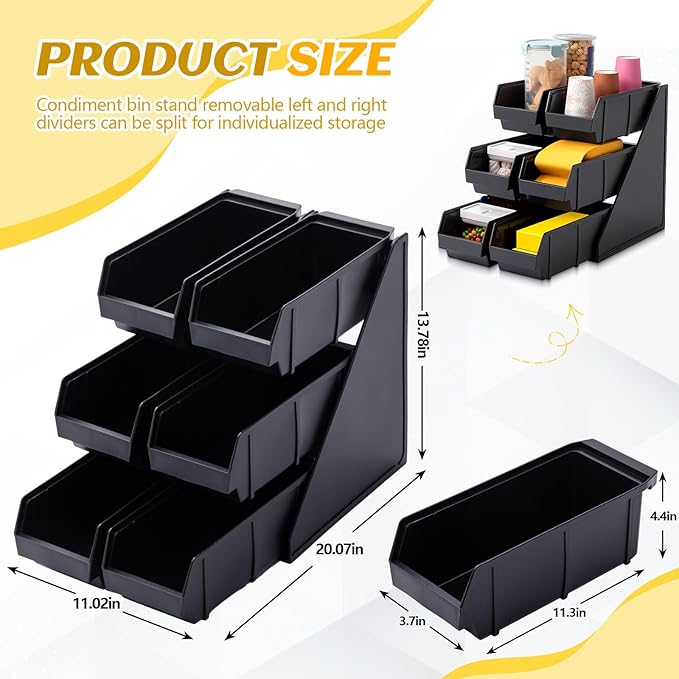 Novabright 3 Tier 6 Compartment Serve Condiment Bin Self Serve Condiment Bin Stand Countertop Plastic Containers Storage Display Rack for Coffee Shops Restaurants Bars(19.7" D X 11" W X 13.8" H)