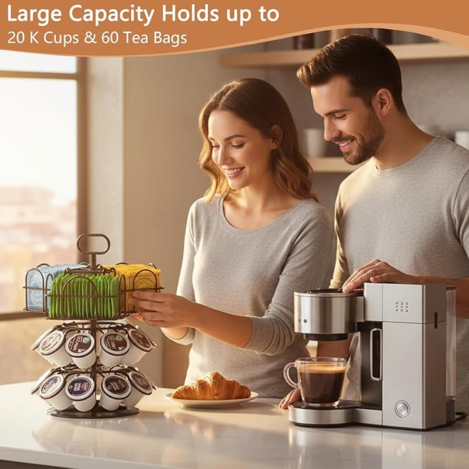 K Cup Coffee Pods Holder, Rotatable Coffee Pod Stands for 20 Pods & 60 Tea Bags, Coffee Pod Organizer Carousel for Countertop