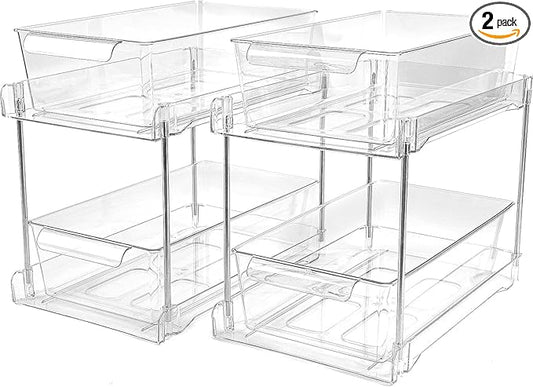 2Pack 2-Tier Bathroom Storage Organizer, Clear Under Sink Organizers Kitchen Vanity Counter Storage Container, Medicine Cabinet Drawers Bins, Pull-Out Organization with Track for Pantry