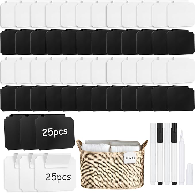 YooNotee 50 Pcs Basket Labels Clip on with 4 Black Chalk Markers Reusable Plastic Storage Bin Erasable Labels Kitchen Pantry PVC Tag Stickers for Fabric Cubes Basket Box Organization (White and Black)