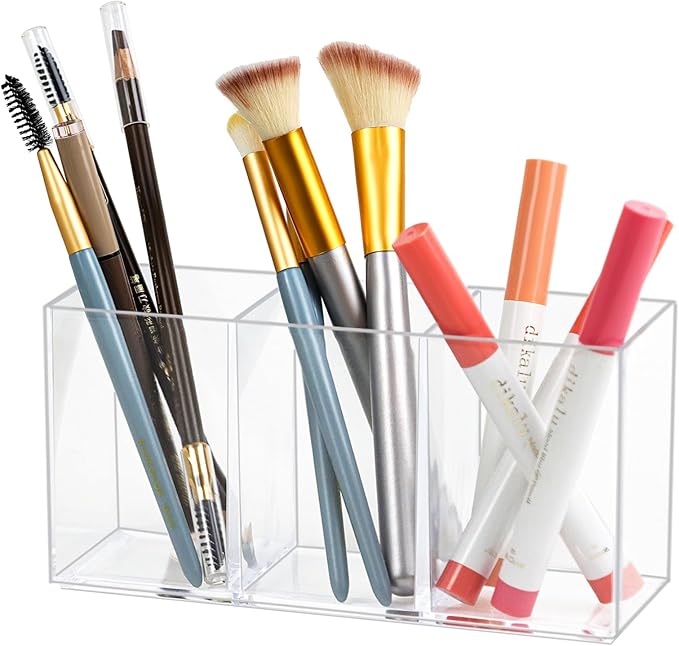 ZEXALOR Clear Drawer Organizer, 3 Sections Brush Organizer Holder, Drawer Dividers Office Desk Tray Bathroom Makeup Jewelry Trays (Brush holder)