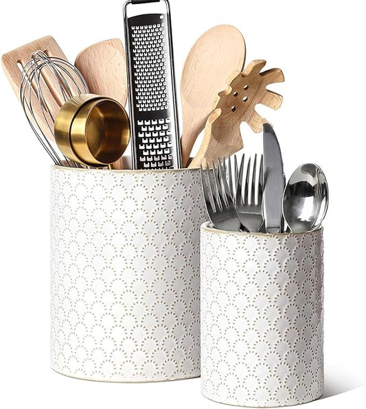 LE TAUCI Utensil Holder for Kitchen Counter - 7.1"+5.4" Ceramic Kitchen Utensil Holder Set of 2, Large Cooking Utensil Crock & Organizer for Spatula, Spoon - Embossed Kitchen Decor, White,Fireworks