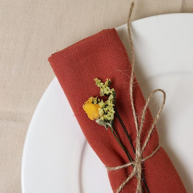 Handmade Cloth Napkins with Fringe,18 x 18 Inches Cotton Linen Napkins Set of 4 Versatile Handmade Square Rustic Fringe Napkins for Dinner, Wedding and Parties, Terracotta