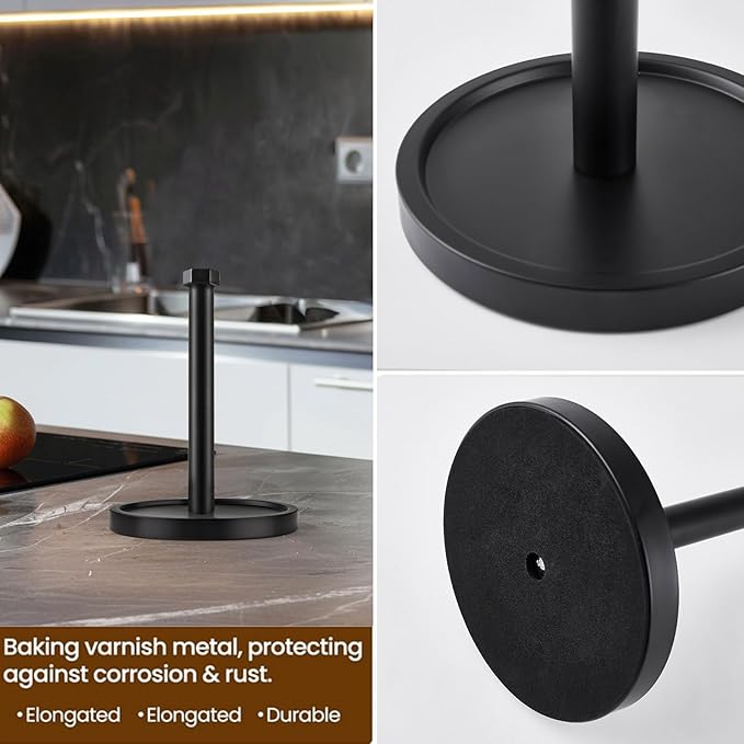 Paper Towel Holder Countertop, Stainless Steel Paper Towel Holder -Weighted Base, One-Handed Tear, Black Kitchen Roll Holder, Non-Slip Protect The countertop-New Black