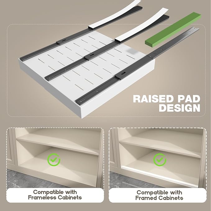 6 Pack Pull Out Cabinet Organizer 21" Deep,Full Extension 3 Slide Rails Slide Out Drawers With Raising Pad for Framed Cabinets,Expandable Width (12.3"-20.5"),No Drill Roll Out Shelves,White