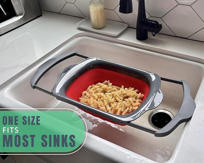 Comfify XL Large Kitchen Strainer - Collapsible Silicone Over-The-Sink Colander with Extendable Handles - Use with Pasta, Fruit, Berries & Veggie - 6 Quart - Red
