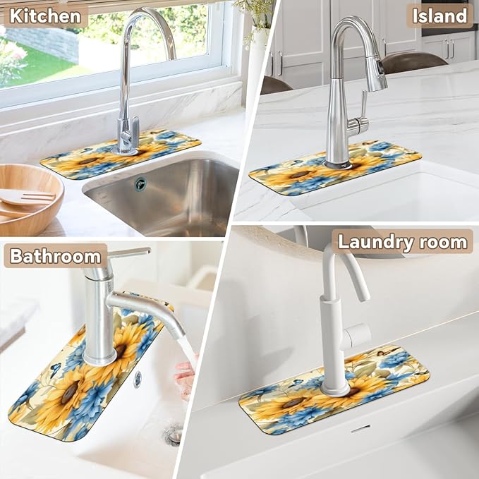 Sunflower Blue Bloom Kitchen Faucet Mat Splash Guard, 15.4”x5.7” Absorbent Quick Drying Sink Mat for Countertop Protection, Draining Mat Sink Protectors For Kitchen Bathroom, 1 Pack