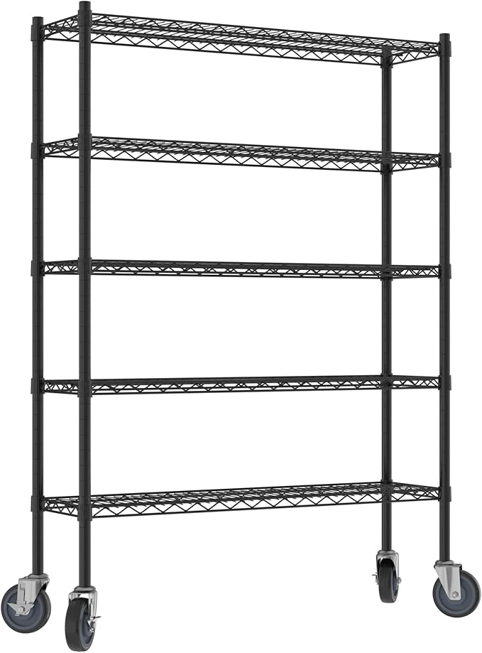 Commercial NSF Listed Black Epoxy Mobile Wire Shelving Kit 12" x 42" x 60", with 5 Shelves Perfect for Warehouse, Walk-in Refrigerator, Freezer, Grocery Store, Restaurant, Dishroom