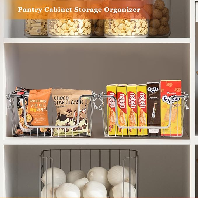 Orgneas Stacking Freezer Organizer Bins for 5.0Cu.Ft Chest Freezer, Small Stackable Chest Freezer Baskets Metal Wire Kitchen Pantry Storage Open Front Deep Freezer Bins with Foldable Handles, Set of 4