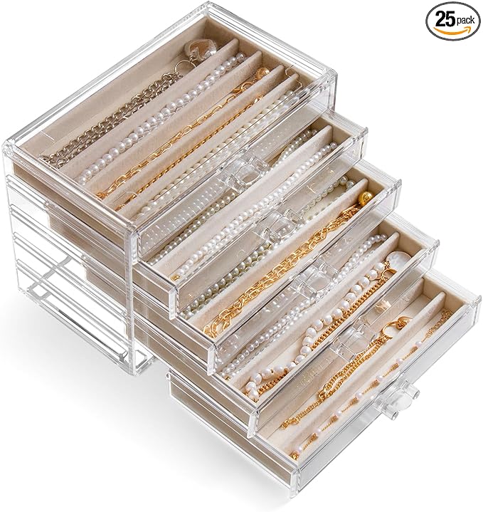 Necklace Holder Organizer, Dustproof Necklace Box Velvet Necklace Organizer Box with Lid Clear Acrylic Dustproof Stackable Jewelry Displays for Necklaces Chain Display (Beige, 5 Drawer)