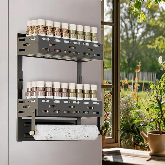 Magnetic Spice Rack for Refrigerator, Magnetic Shelf for Fridge Moveable Magnetic Paper Towel Holder Metal Fridge Magnet Orqanizer 8 Hooks for Kitchen Space Saving