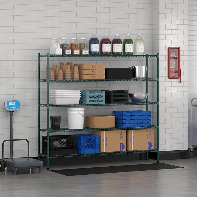 Commercial NSF Listed Green Epoxy Stationary Wire Shelving Kit 14" x 72" x 64", with 5 Shelves Perfect for Warehouse, Walk-in Refrigerator, Freezer, Grocery Store, Restaurant, Dishroom
