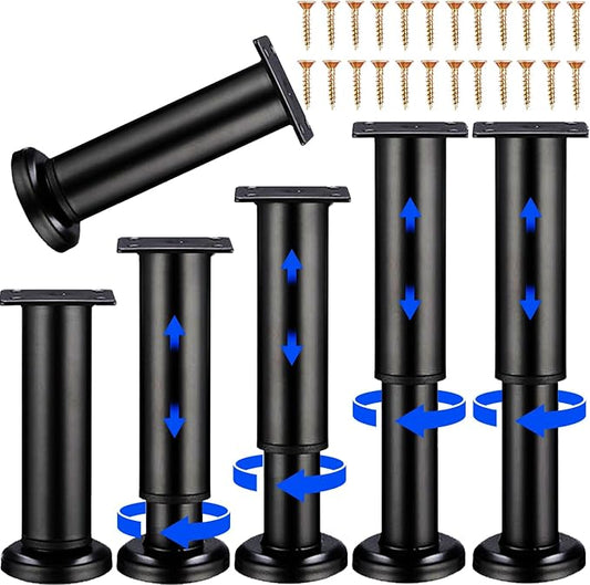 6 PCS Adjustable Furniture Couch Cabinet Legs 4.72-7.48 Inch, Heavy Duty Adjustable Height Replacement Legs for Dresser/Sofa/Bed/Chair, Legs for Furniture Set of 6 (Black)
