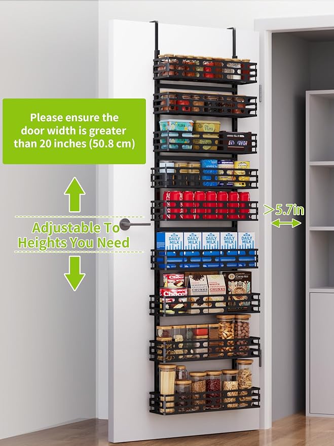 Over The Door Pantry Organizer, 9-Tier Pantry Organizers and Storage with Adjustable Basket, Hanging Spice Rack for Home & Kitchen, Laundry Room Bathroom, Black