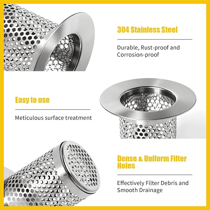 Bathroom Sink Drain Strainer, 304 Stainless Steel Hair Catcher for Bathtub Shower Floor Drain, Bathtub Drain Cover Strainer Basket Fit 1.1" to 1.97" Drain Hole (2PCS)
