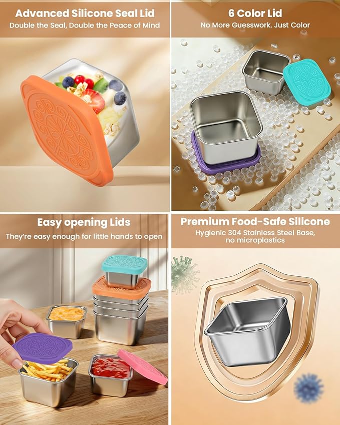 12Pack Stainless Steel Snack Containers with Lids, Small 6oz & 2oz Leak Proof Metal Food Storage Containers, Bento Box Meal prep Containers, Easy Open Stackable Lunch Box for Adults LIttle One