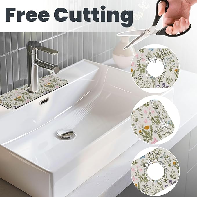 Vintage Color Plants Herbs Floral Butterfly Botanical Kitchen Sink Splash Guard Faucet Mat 1 Pcs, Absorbent Fast Drying Mat Gadgets Splash Guard For Bathroom 15 X 5.5 Inches
