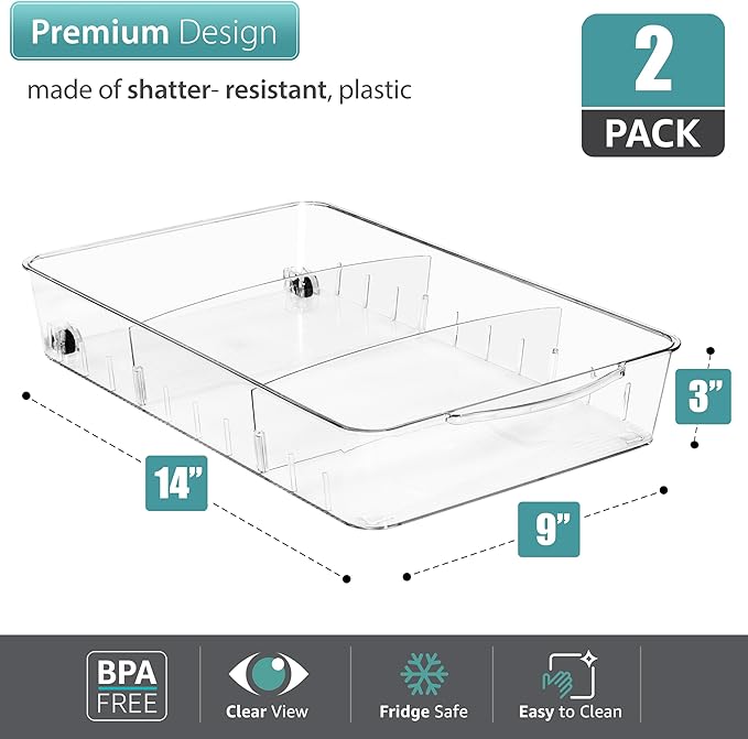 Sorbus Fridge Organizer on Wheels - Rolling Fridge Organizers and Storage Clear Design with Dividers & Handles for Kitchen Organization and Storage (Flat Top, Large - 2 Pack)
